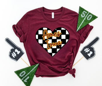 Ames Iowa Checkered Heart Maroon Graphic Tee - The Red Rival